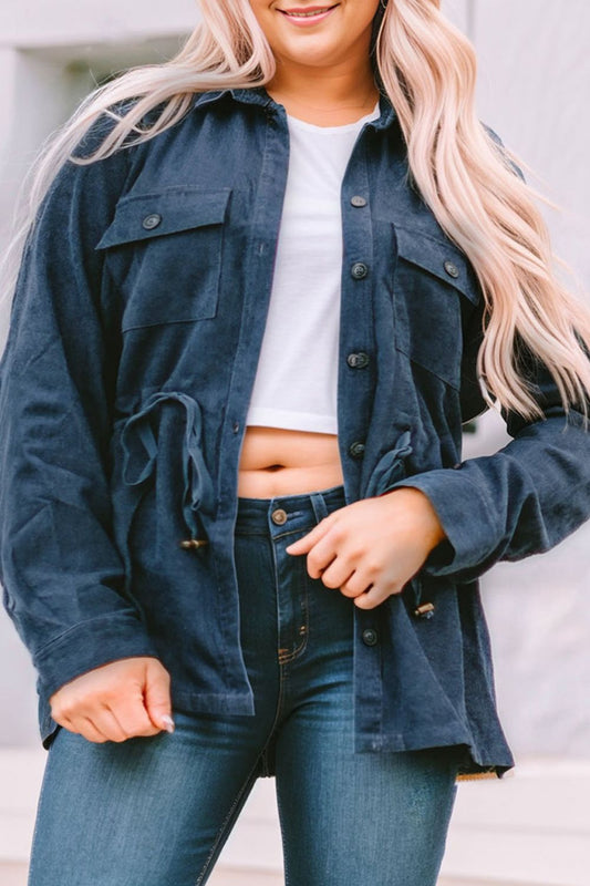 Übergröße, Hemdbluse mit Knopfleiste und Kordelzug, langärmelig, geometrisches Muster