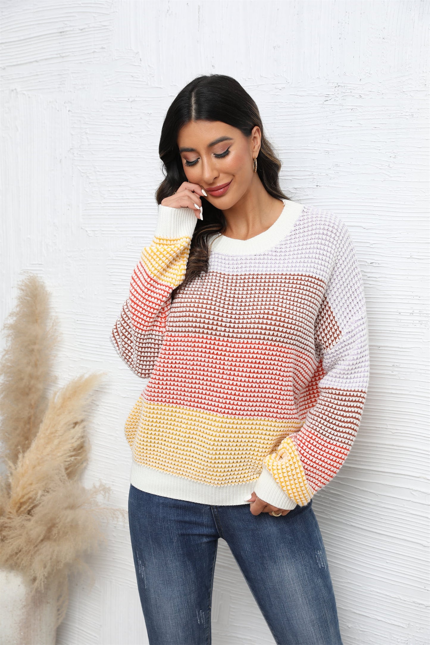 Pullover mit Waffelstrick und Engelsflügeln, Rundhalsausschnitt, überschnittenen Schultern und Farbblockdesign