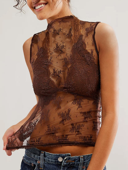 Spitzentop mit Stehkragen