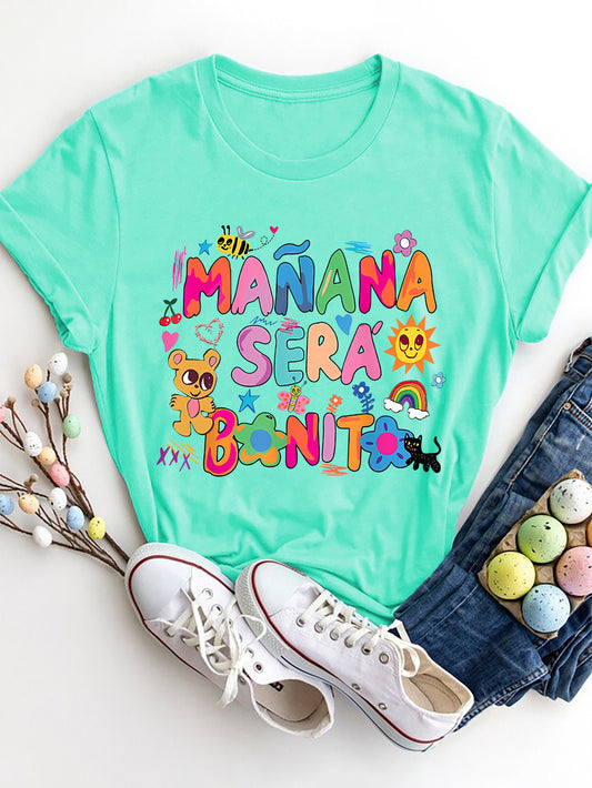 Camiseta de manga corta con cuello redondo y estampado de letras