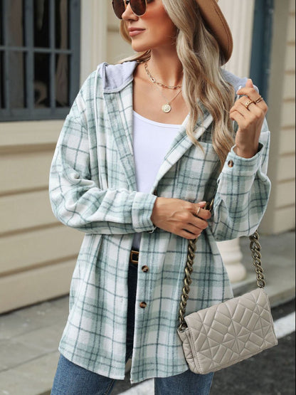 Karierte Kapuzenjacke mit Kordelzug und Knopfleiste