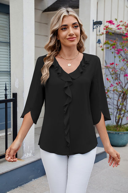 Bluse mit Rüschen, V-Ausschnitt und Dreiviertelärmeln