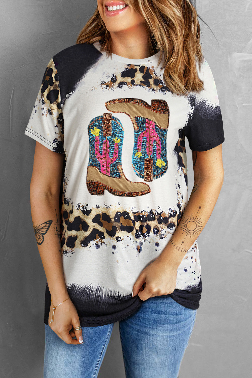 Paillettenstiefel Leopard Rundhals Kurzarm T-Shirt