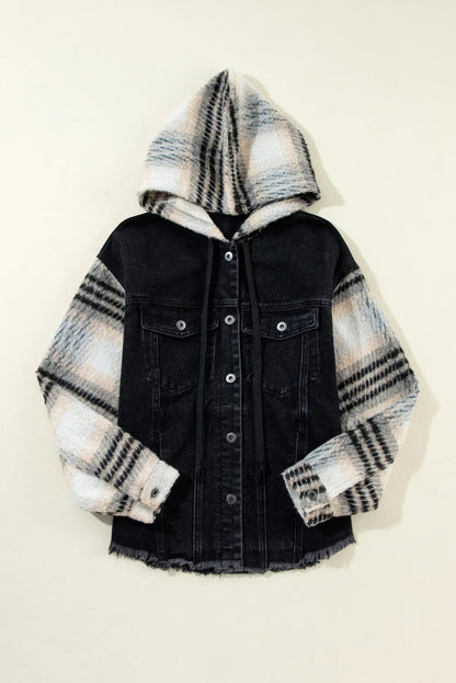 Jeansjacke mit Kapuze, Kordelzug, ungesäumtem Saum und Knopfleiste