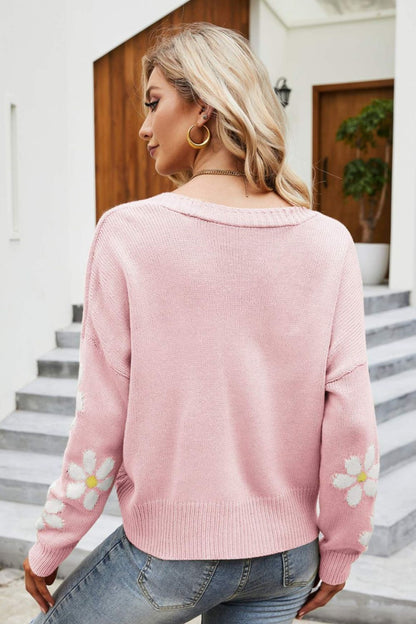 Cardigan mit geripptem Blumenbesatz und überschnittener Schulter