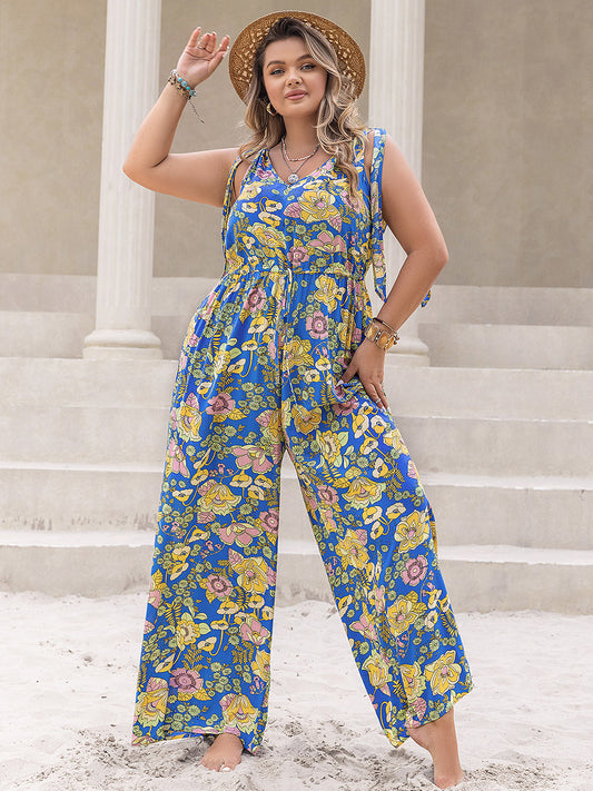 Bedruckter Jumpsuit mit V-Ausschnitt und weitem Bein in Übergröße