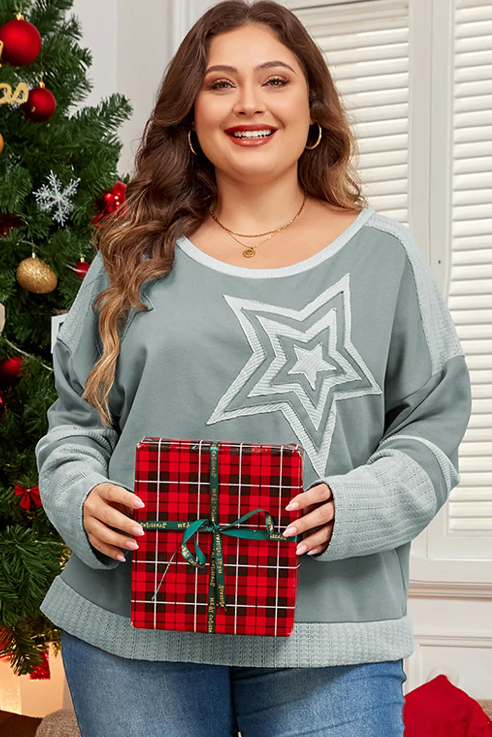 Plus Size Star Langarm-Top mit Rundhalsausschnitt