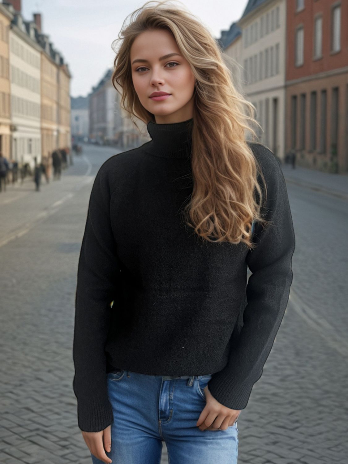 Einfarbiger Rollkragenpullover mit langen Ärmeln