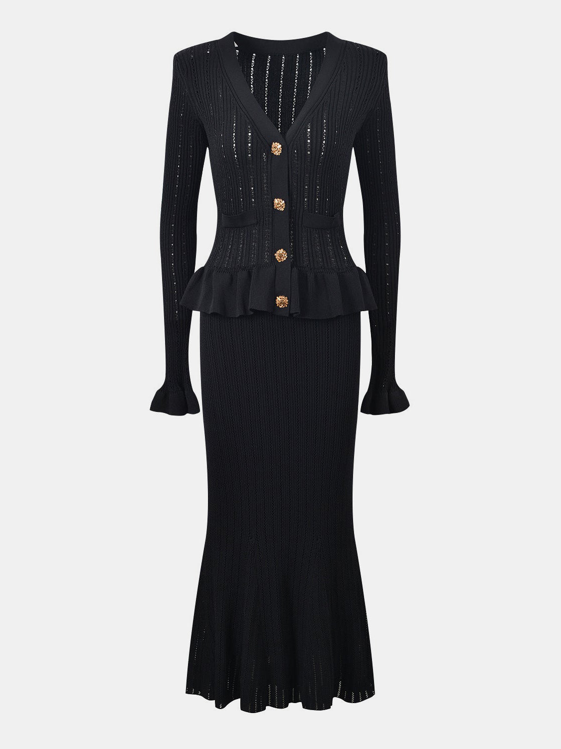 Set aus Oberteil mit V-Ausschnitt und Pullover mit Midirock und Rüschen