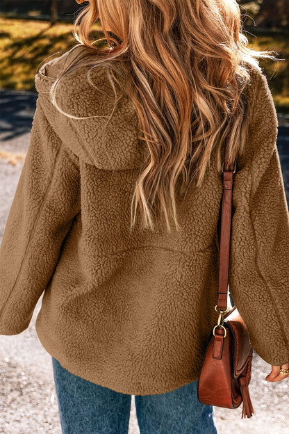 Fleecejacke mit Reißverschluss und Kapuze und Kordelzug