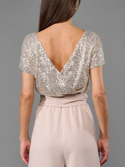 Jumpsuit mit Pailletten, Rundhalsausschnitt, kurzen Ärmeln und weitem Bein in voller Größe