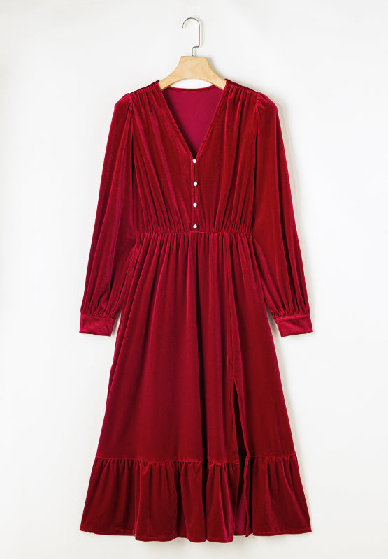 Kleid mit Rüschensaum, Schlitz, V-Ausschnitt und langen Ärmeln