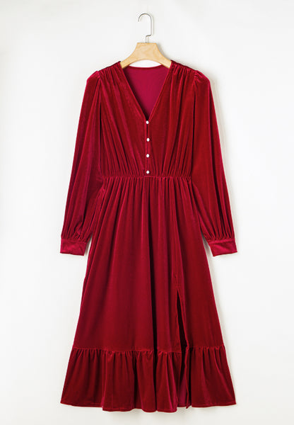 Kleid mit Rüschensaum, Schlitz, V-Ausschnitt und langen Ärmeln