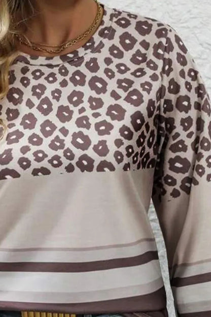 Plus Size Leoparden-Langarm-Top mit Rundhalsausschnitt