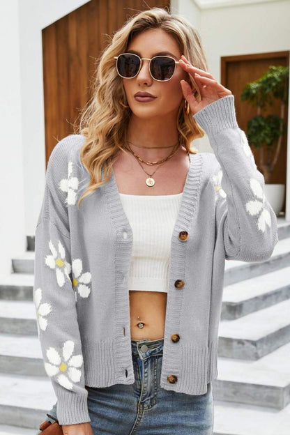 Cardigan mit geripptem Blumenbesatz und überschnittener Schulter
