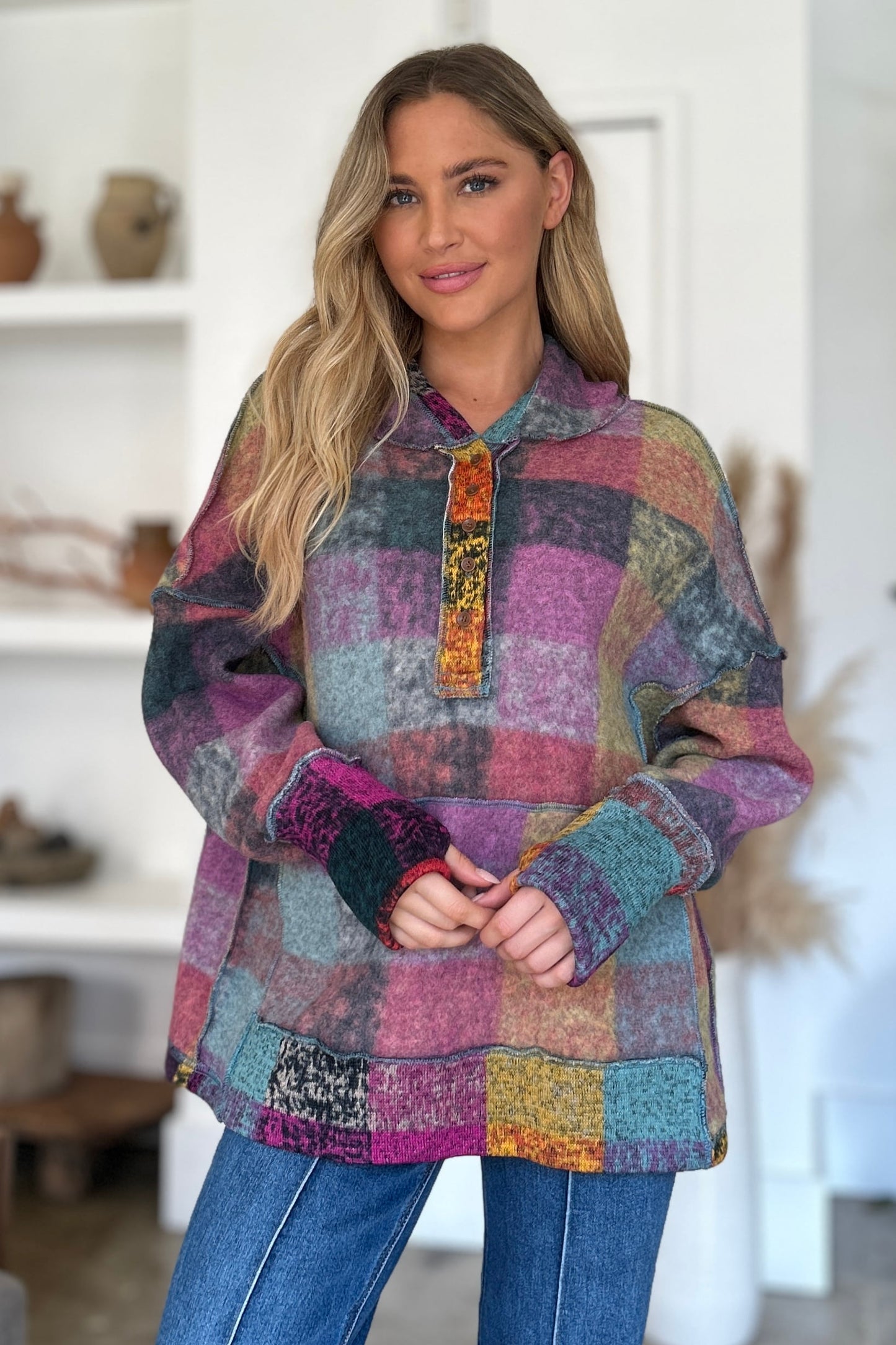 Double Take – Karierter Hoodie mit überschnittenen Schultern in voller Größe