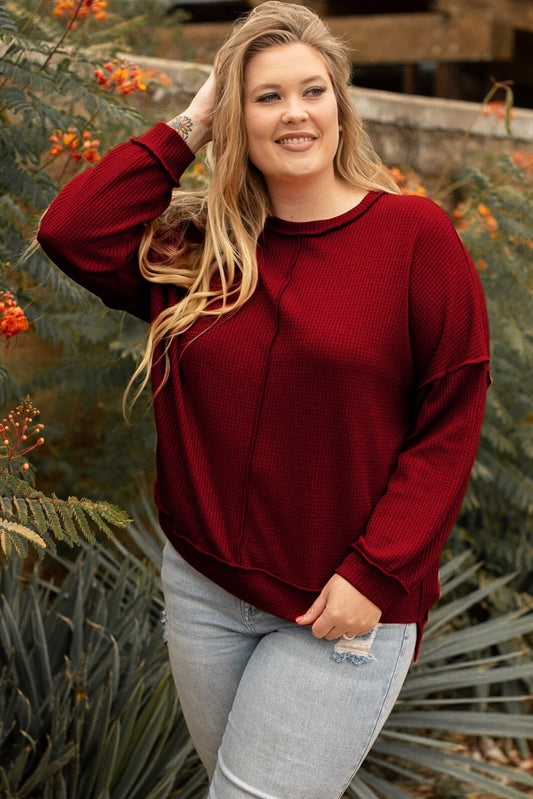 Plus Size-Sweatshirt mit sichtbaren Nähten und Waffelstrick in High-Low-Passform