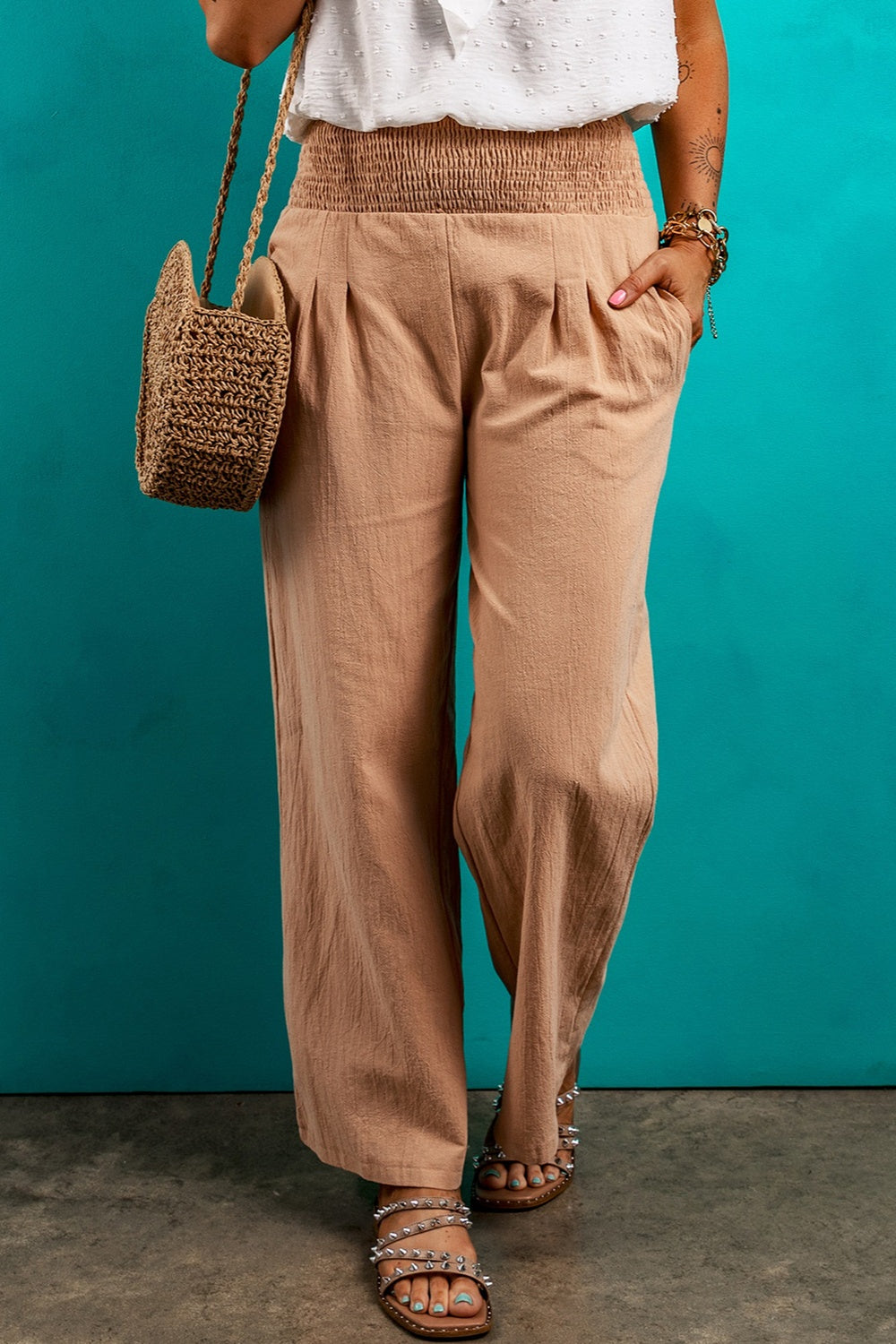 Gesmokte Hose mit elastischem Bund und Taschen