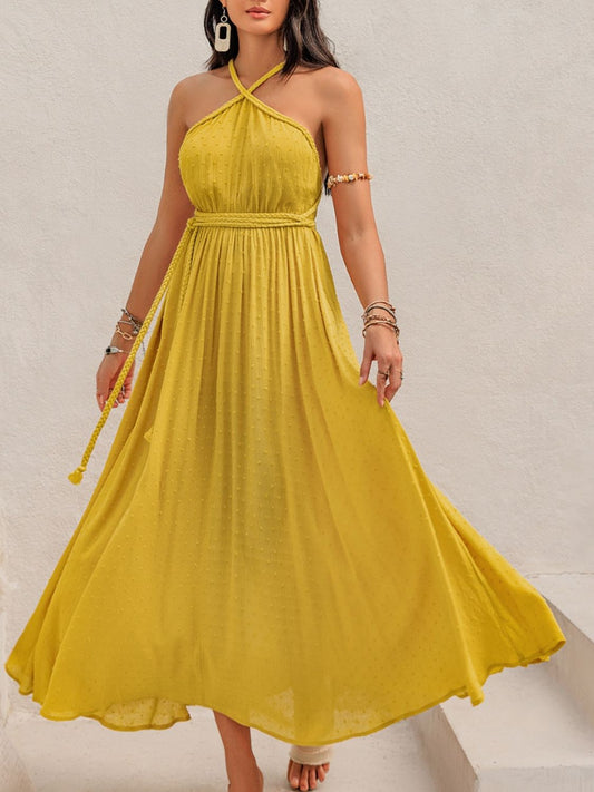 Rückenfreies, ärmelloses Maxikleid mit Schweizer Punkten