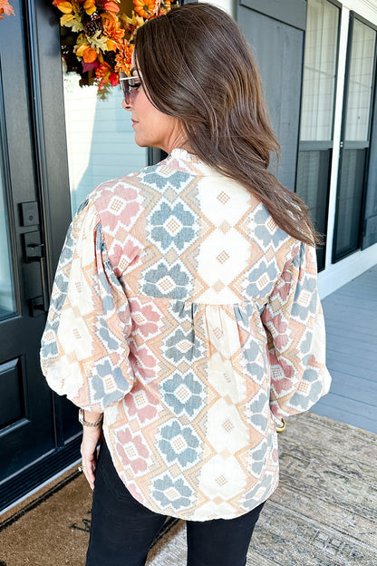 Bluse mit Ballonärmeln und Quasten zum Binden am Hals