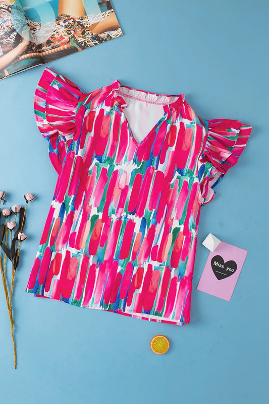 Bluse mit Rüschen, bedrucktem Kragen und Flügelärmeln