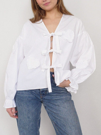 Bluse mit Volantärmeln und Bindeband