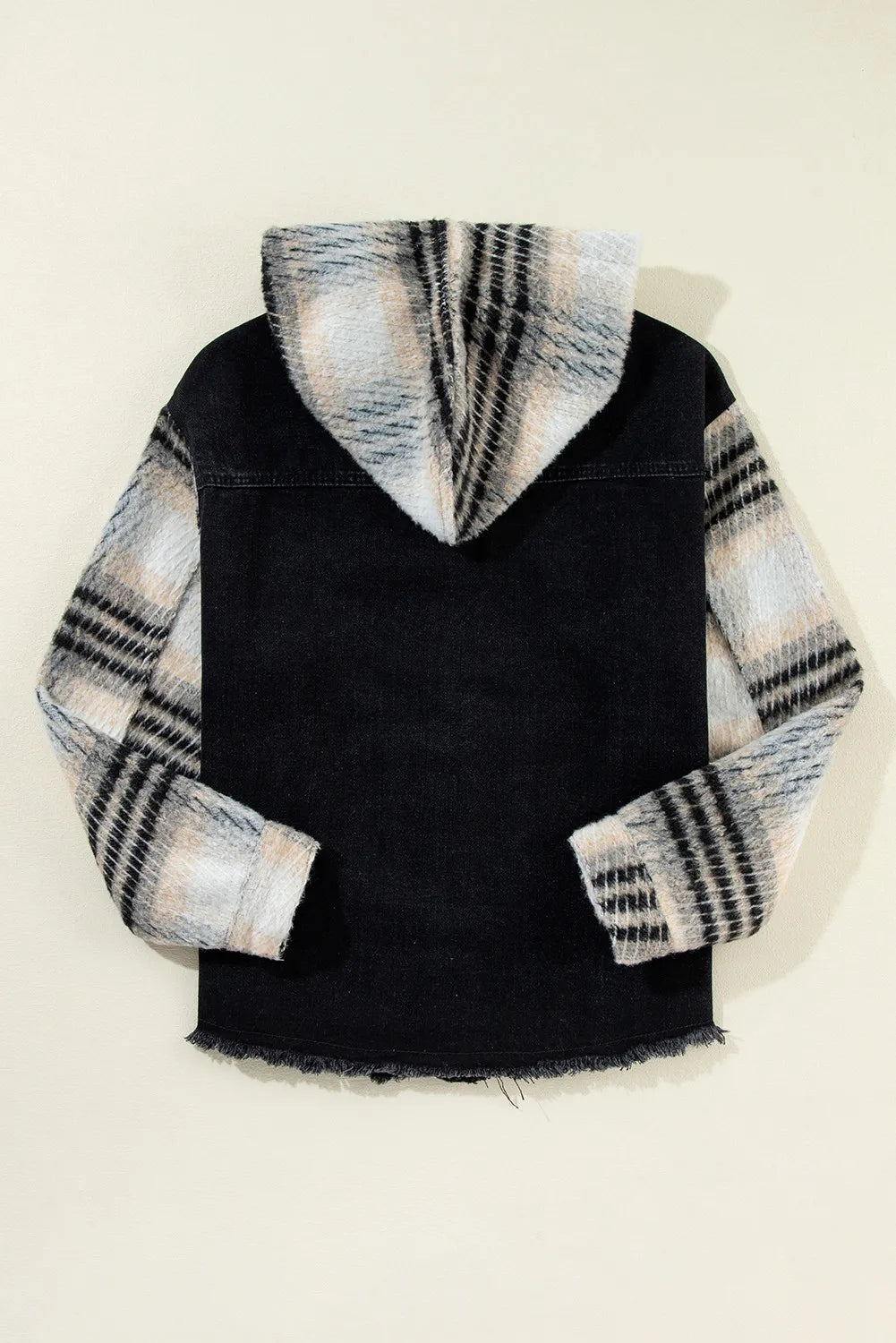 Jeansjacke mit Kapuze, Kordelzug, ungesäumtem Saum und Knopfleiste