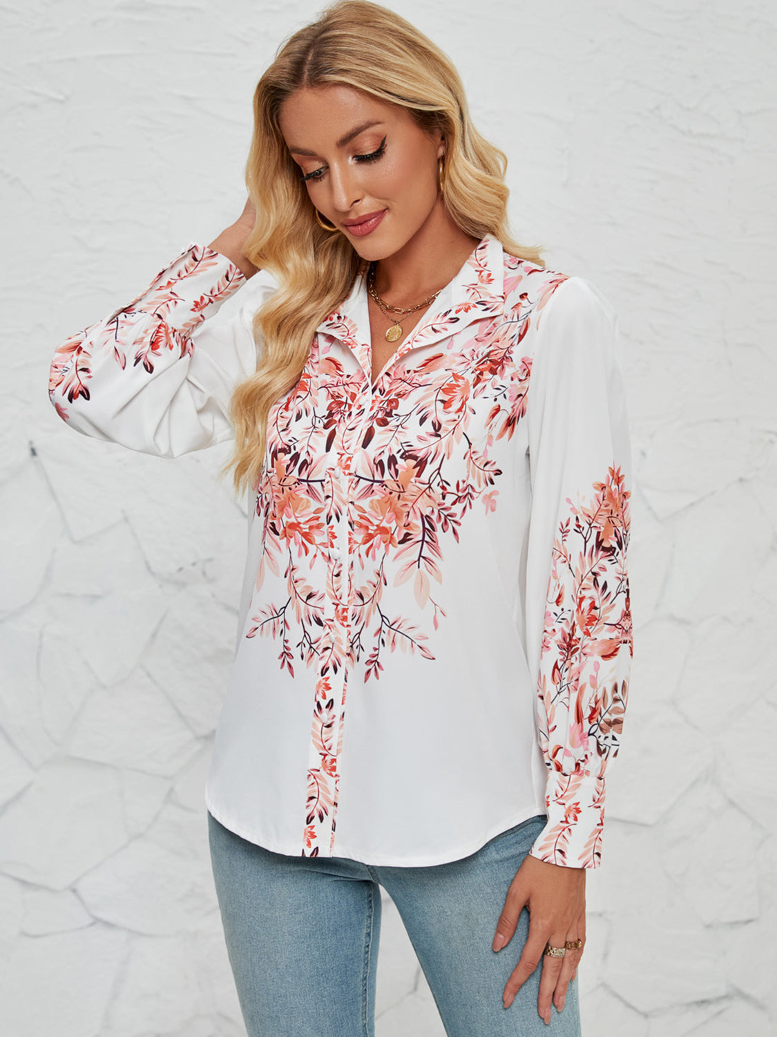 Printed Collared Neck Lantern Sleeve Shirt