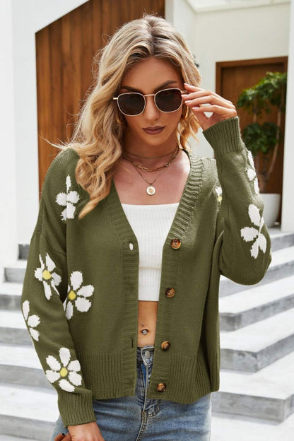 Cardigan mit geripptem Blumenbesatz und überschnittener Schulter