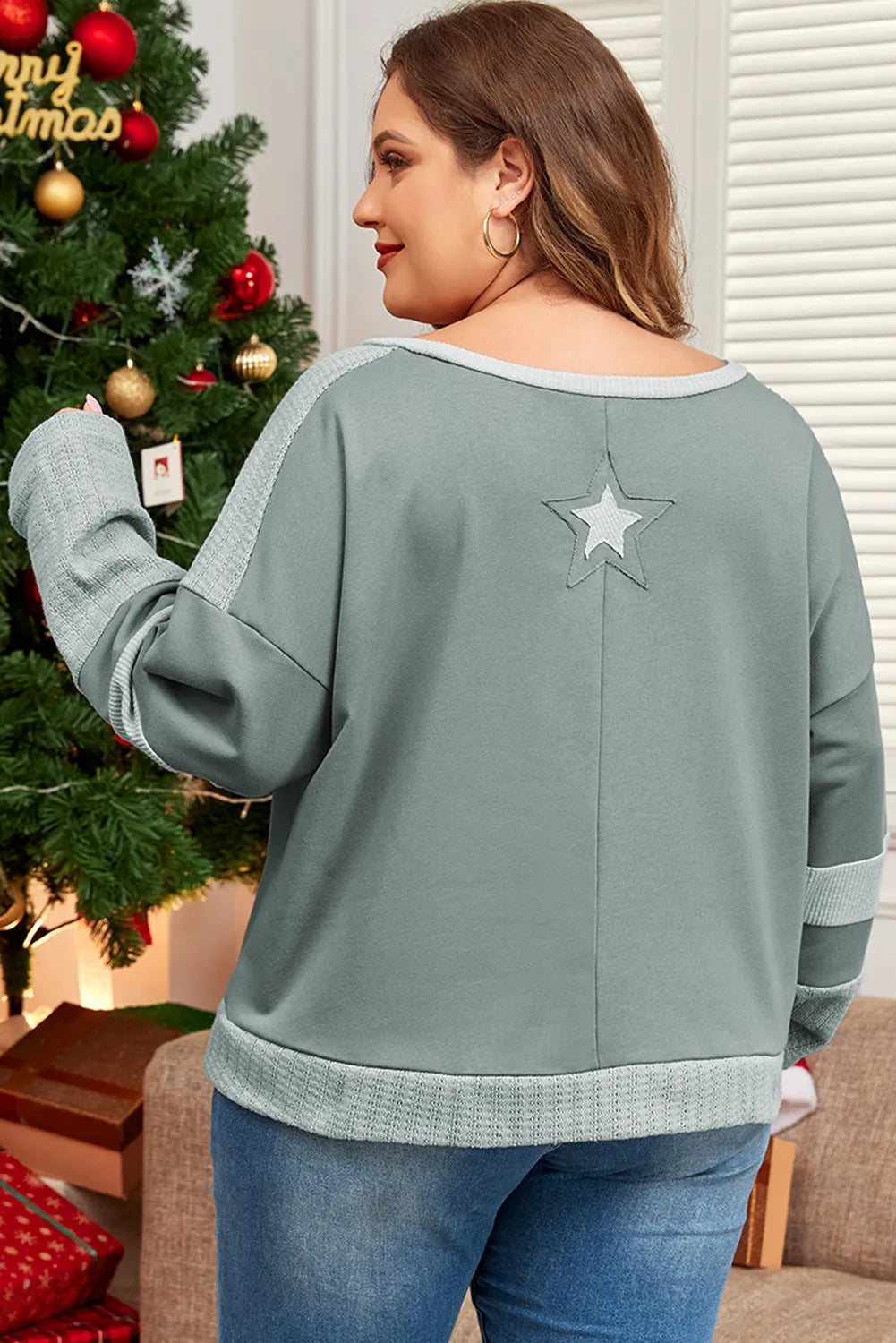 Plus Size Star Langarm-Top mit Rundhalsausschnitt