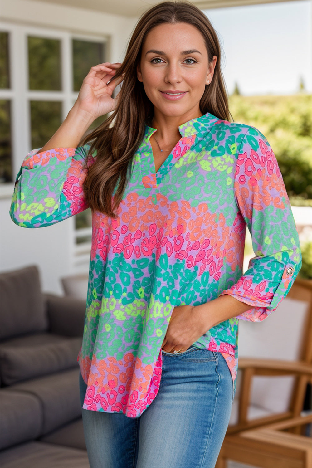 Plus Size Bluse mit Leopardenmuster und langen Ärmeln