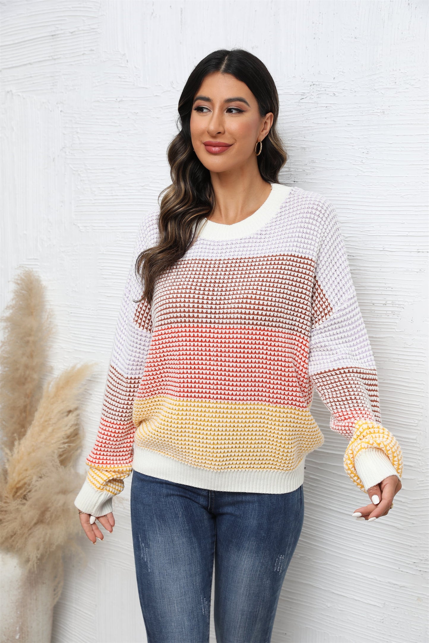 Pullover mit Waffelstrick und Engelsflügeln, Rundhalsausschnitt, überschnittenen Schultern und Farbblockdesign