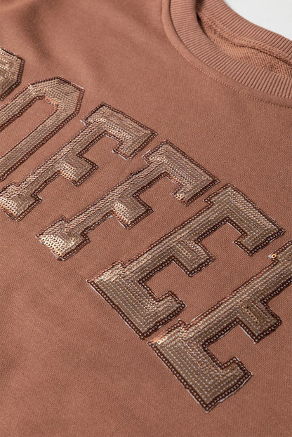 COFFEE Set aus langärmligem Top und Shorts mit Pailletten und Rundhalsausschnitt