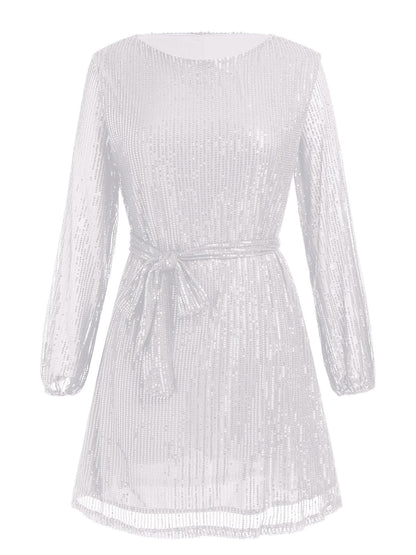 Langärmliges Minikleid mit Pailletten und Bindegürtel