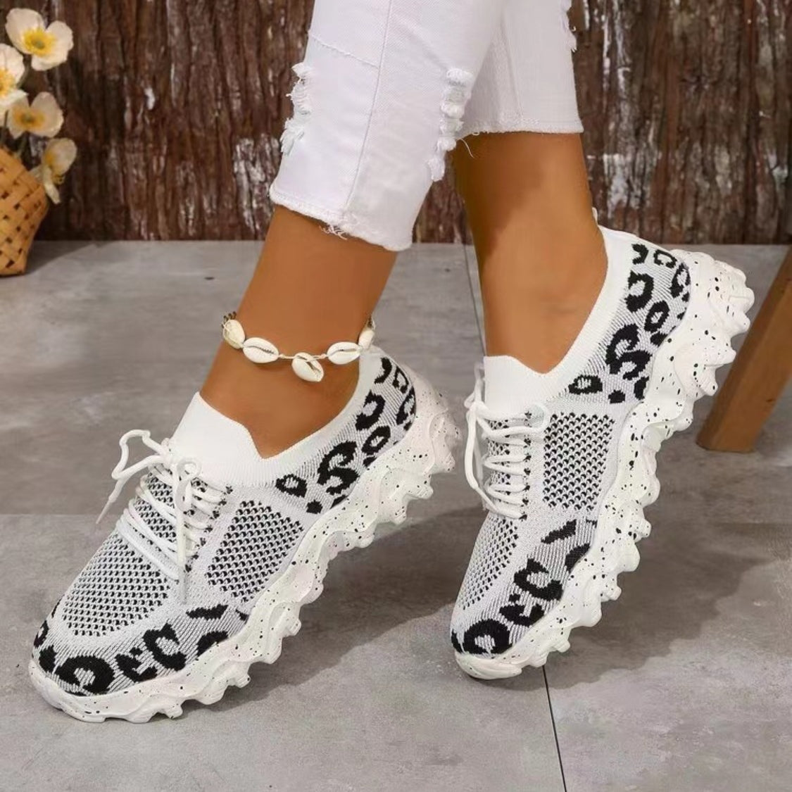 Leopard Mesh Runde Zehen Sportlich