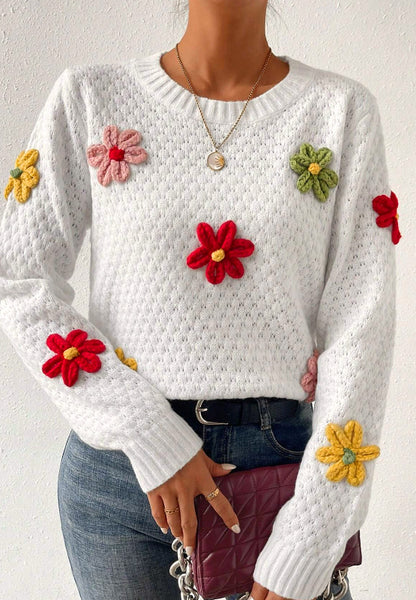 Häkelblumen-Pullover mit Rundhalsausschnitt und langen Ärmeln