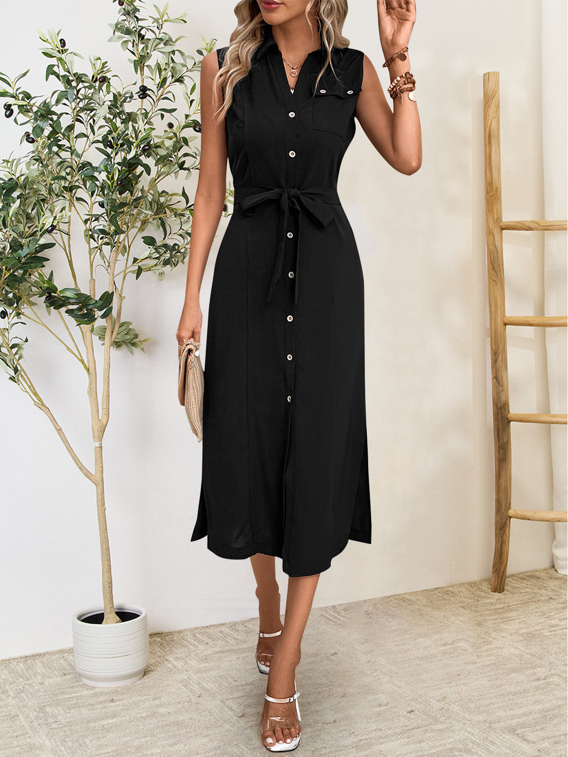 Ärmelloses Midikleid mit Knopfleiste