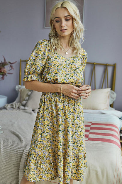 Set aus Oberteil und Rock mit Blumenmuster, V-Ausschnitt, Volantärmeln