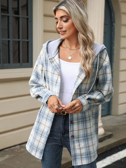Karierte Kapuzenjacke mit Kordelzug und Knopfleiste
