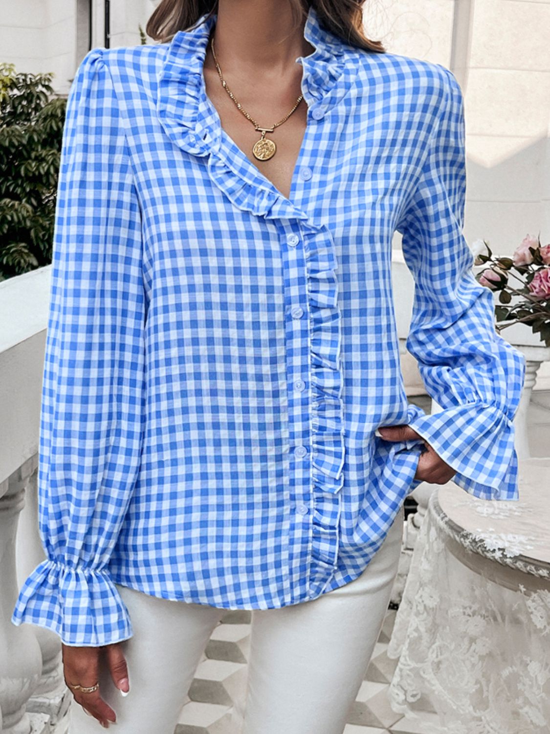 Langärmliges Hemd mit Rüschen und Karomuster