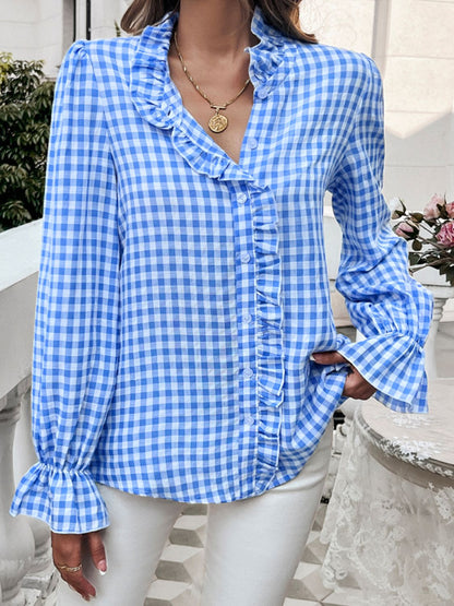 Langärmliges Hemd mit Rüschen und Karomuster