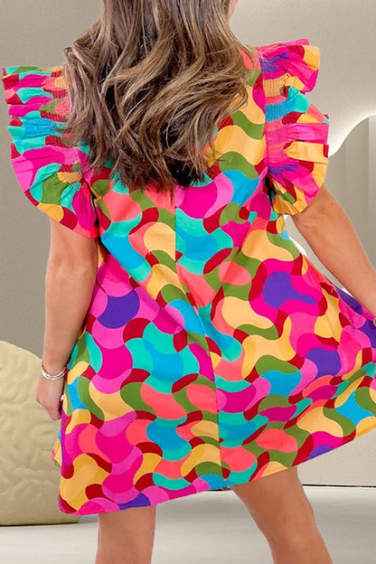 Minikleid mit Rundhalsausschnitt und Flügelärmeln und Kontrastdruck