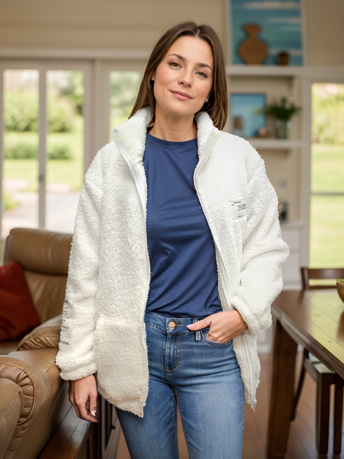Sherpa-Jacke mit Rollkragen und Reißverschluss in voller Größe und langen Ärmeln