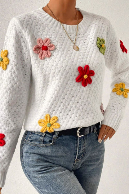 Häkelblumen-Pullover mit Rundhalsausschnitt und langen Ärmeln