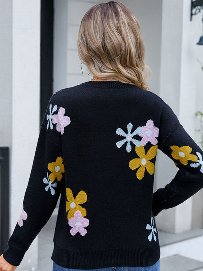 Pullover mit Blumenmuster, Rundhalsausschnitt und überschnittenen Schultern