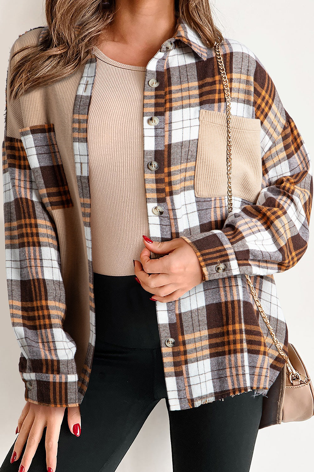 Karierte, langärmlige Hemdjacke mit Knopfleiste