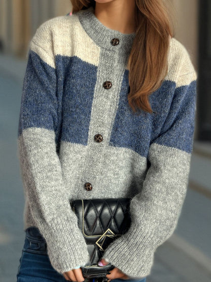 Strickjacke mit Rundhalsausschnitt und Knopfleiste in Farbblock-Optik