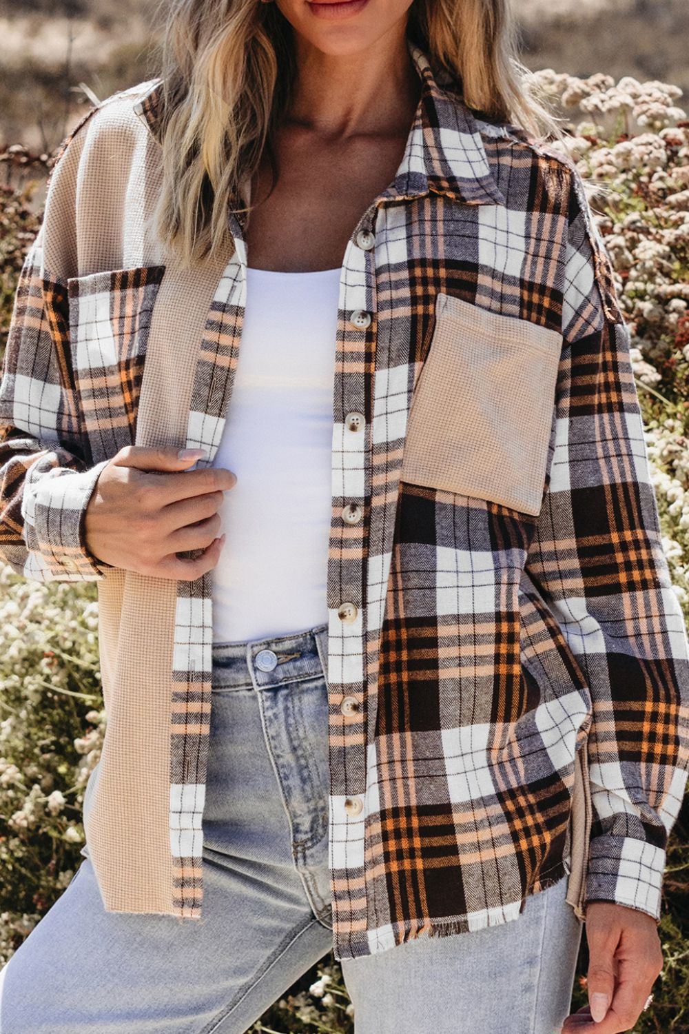 Karierte, langärmlige Hemdjacke mit Knopfleiste