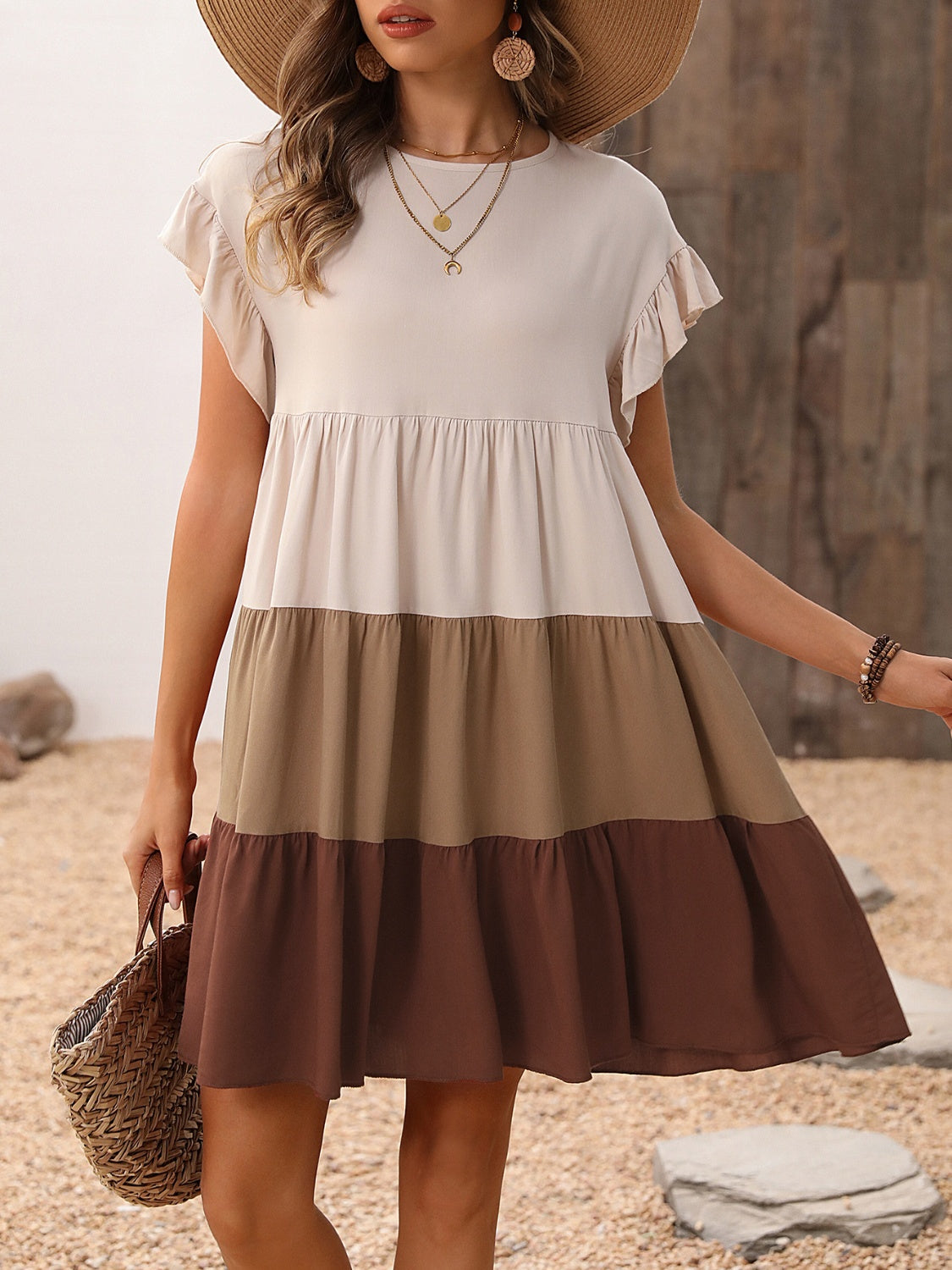 Midikleid mit Flügelärmeln und Rüschen in Farbblock-Optik