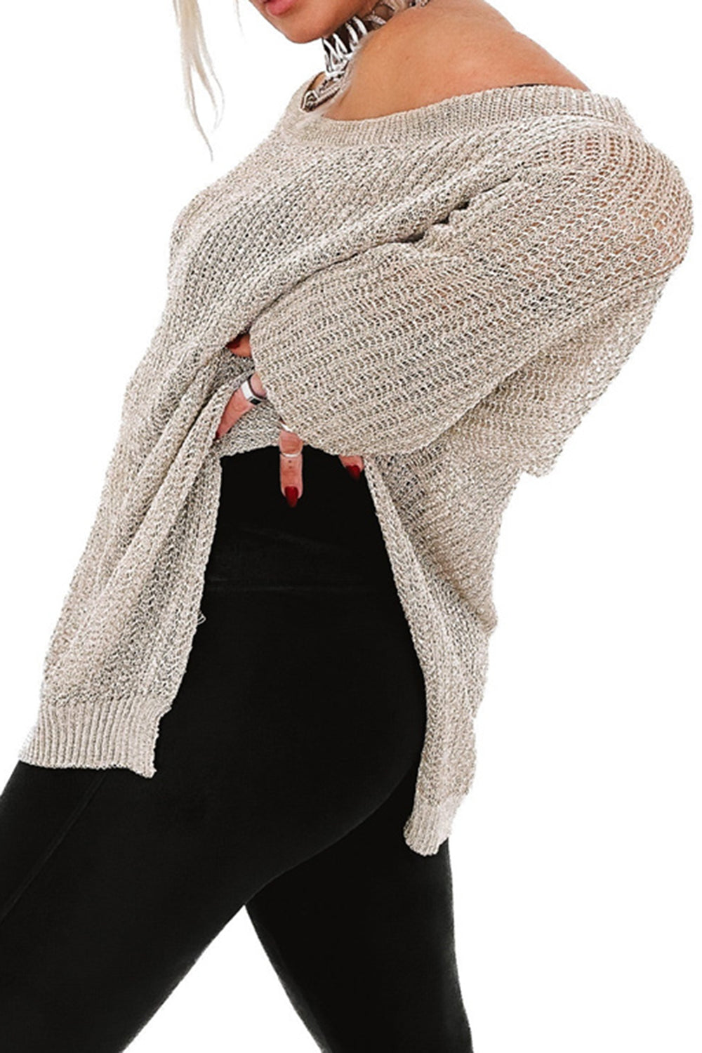 Strick-Überwurf mit langen Ärmeln und seitlichem Schlitz